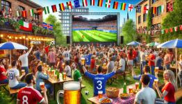 DALL·E 2024-07-07 10.18.17 - A lively and photorealistic scene of a football European Championship beer party. The setting is an outdoor area with a large screen showing a live fo.webp